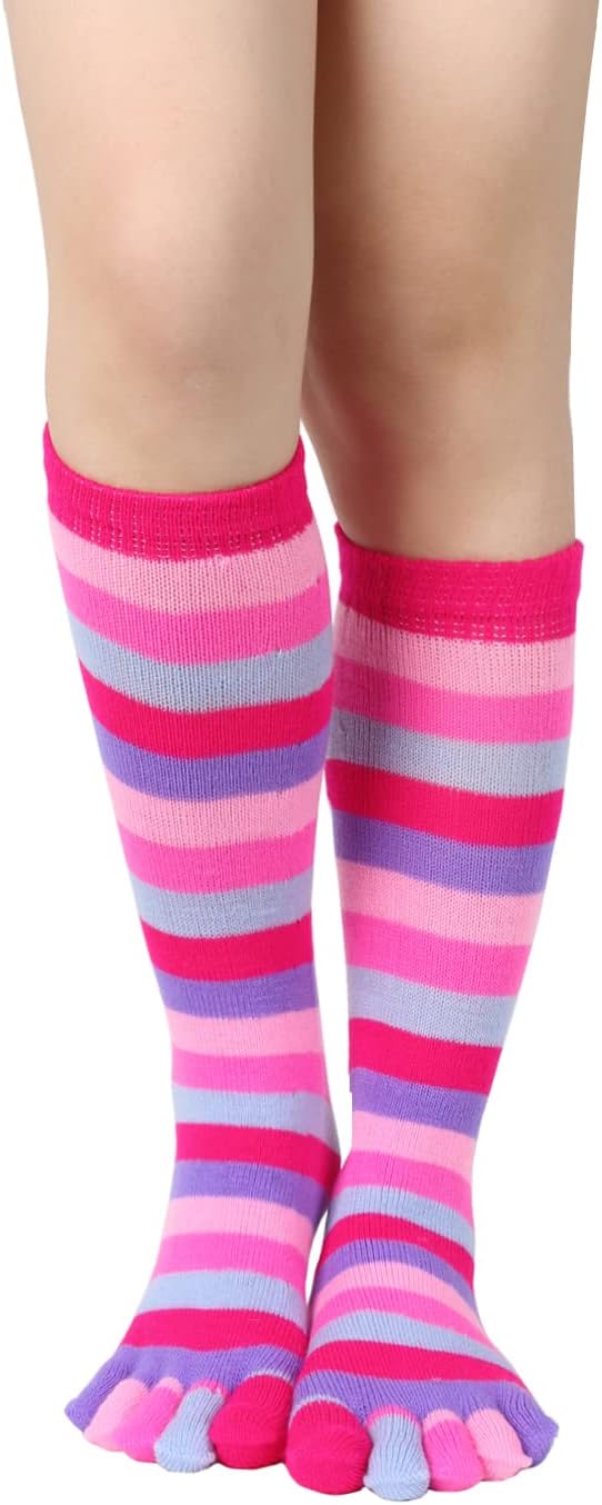 Women Knee High Toe Socks - Mens Colorful Rainbow Striped Long Five Finger Socks - Unisex Christmas Gifts