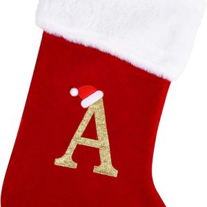 20 Inches Monogram Christmas Stockings with Letters, Large Super Soft Christmas Stockings Red Velvet with White Super Soft Plush Cuff for Christmas Xmas Tree Holiday Fireplace