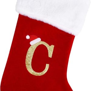 20 Inches Monogram Christmas Stockings with Letters, Large Super Soft Christmas Stockings Red Velvet with White Super Soft Plush Cuff for Christmas Xmas Tree Holiday Fireplace