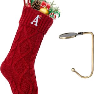 Christmas Stockings with Initials, Letter A Embroidered Xmas Stockings, 18" Large Monogram Knitted Xmas Stocking, Christmas Party Fireplace Family Hanging Stocking Decorations
