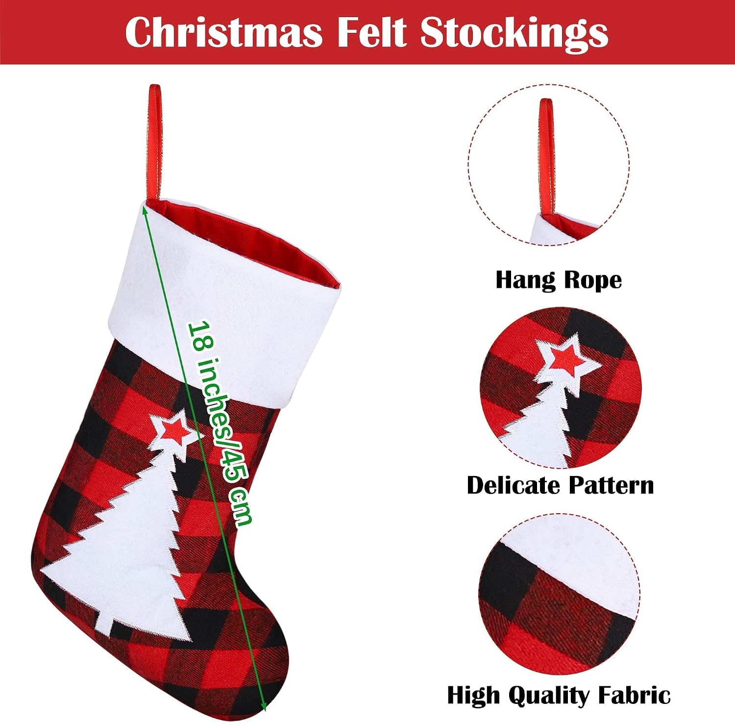 16 Pack Felt Christmas Stockings 18 Inches Red Black Buffalo Plaid Xmas Fireplace Hanging Stockings with Santa Snowman Reindeer Pattern Holiday Hanging Decorations for Christmas Party Favors - Image 2