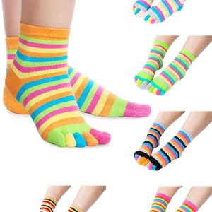 6 Pairs Rainbow Stripe Toe Separated Socks Cotton Full Finger Toe Socks for Women(Bright Color)