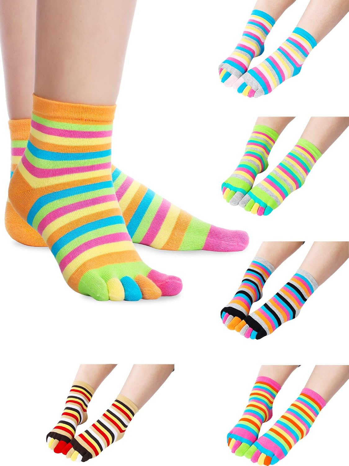 6 Pairs Rainbow Stripe Toe Separated Socks Cotton Full Finger Toe Socks for Women(Bright Color)