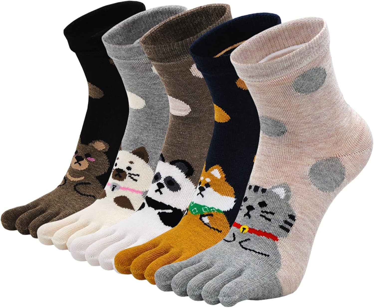 Women Animal Toe Socks - Cotton Five Finger Colorful Funny Casual Crew Socks for Ladies