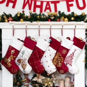 Family Christmas Stockings Set of 6 New Embroidery Sequins 20" Large Decor Red White Gold Hanging Ornament Fireplace Xmas Tree Holiday Party Decoration (6 Packs)