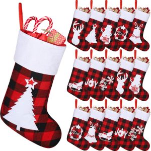 16 Pack Felt Christmas Stockings 18 Inches Red Black Buffalo Plaid Xmas Fireplace Hanging Stockings with Santa Snowman Reindeer Pattern Holiday Hanging Decorations for Christmas Party Favors