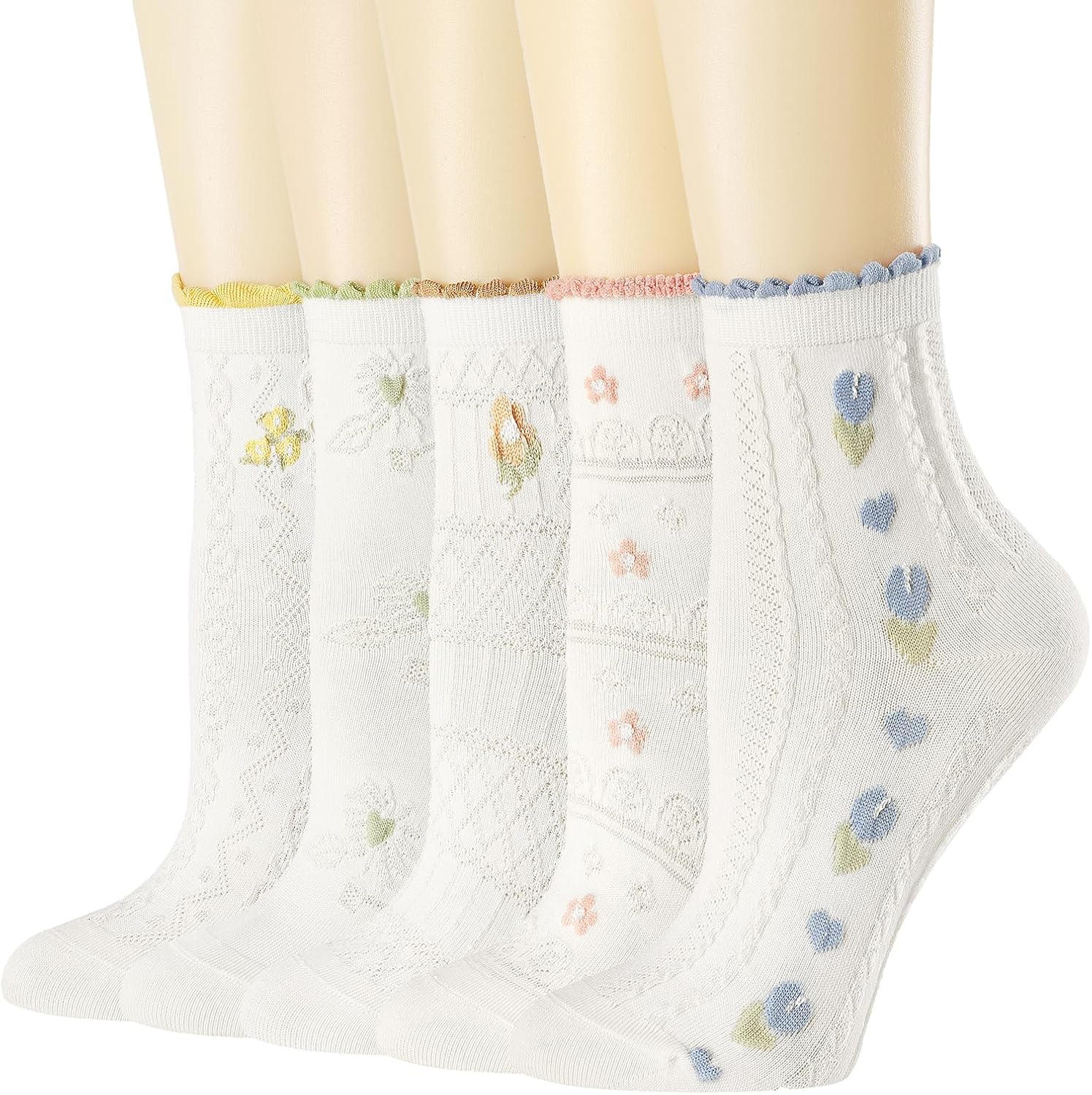 Women's Crew Socks - Casual Cotton Cute Novelty Socks - Floral Ankle Socks - 5 Pack (White, One Size)