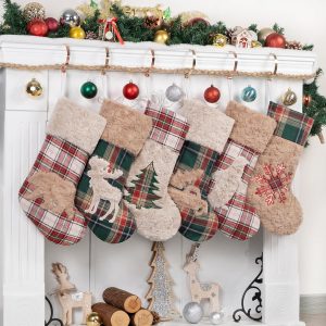 New 6 Pack Christmas Stocking 20" Red Green Plush Plaid Mix and Match Classic Rustic Farmhouse Country Cotton Fireplace Hanging Xmas Stockings Decorations for Family Holiday Season Decor