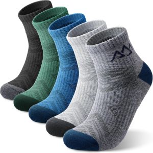 Merino Wool Hiking Socks for Men & Women Quarter Ankle Compression Thick Cushion Breathable Anti Odor Socks, 5 Pairs