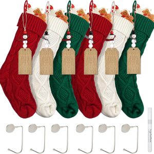 6Pack Cable Knitted Christmas Stockings with Snowman Name Tags, 18Inch Personalized Hanging Christmas Stockings Wooden Xmas Gift Tags for Holiday Party Family Home Xmas Tree Decor (Christmas, Snowman)