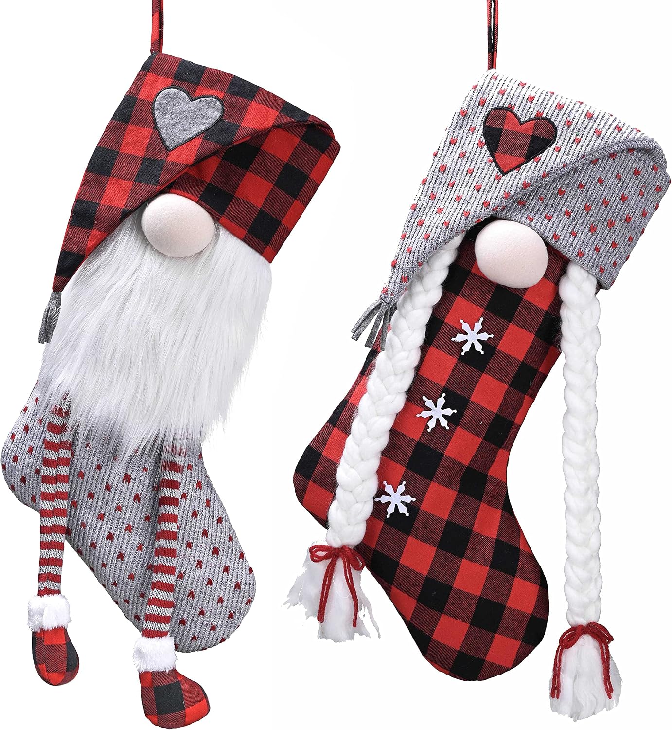 21 Inch Christmas Gnome Stockings Decorations, 2 Pack Fabric Red Gray Tartan Cute Stocking with Name Tag, Valentine Day Gifts for Gnomes Lover and Women