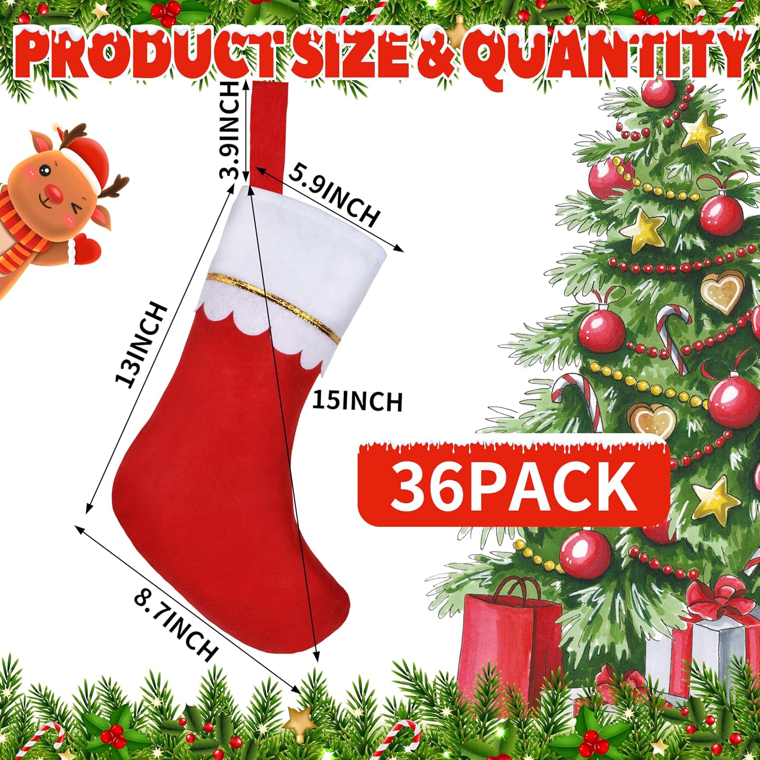 36 Pcs 17" Felt Christmas Stocking Bulk, Red Christmas Socks Bulk with White Cuff Golden Trim, Christmas Hanging Ornaments Xmas Decoration for Mantel Door Window Holiday Home Décor - Image 2