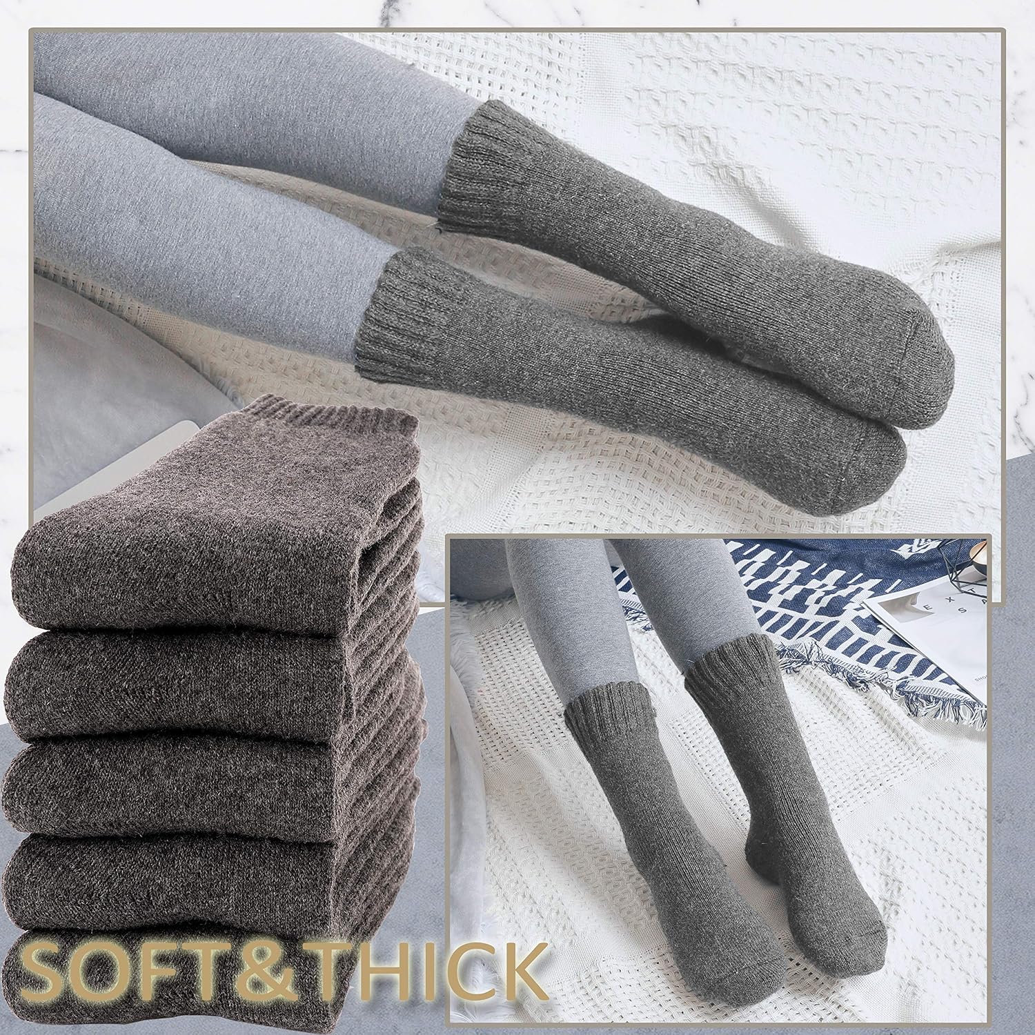 Merino Wool Socks for Women Hiking Thermal Warm Winter Thick Boot Cozy Crew Comfy Work Socks for Ladies 5 Pairs - Image 2
